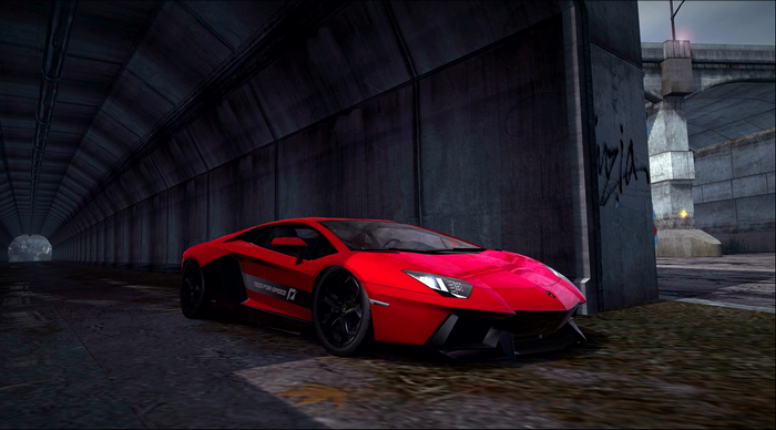 Red Lamborghini Aventador in a dark tunnel