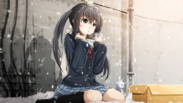 Nakano Azusa in Snow with Kittens from K ON