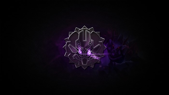 League of Legends emblem with purple glow and shadowy figure