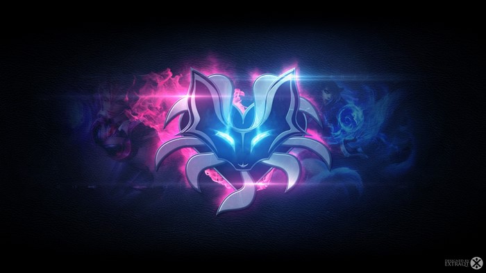 Ahri from League of Legends logo with pink and blue flames