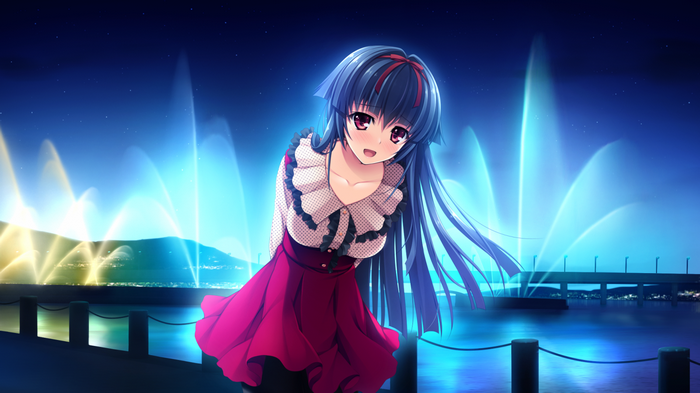 Anime girl with long blue hair by a fountain at night