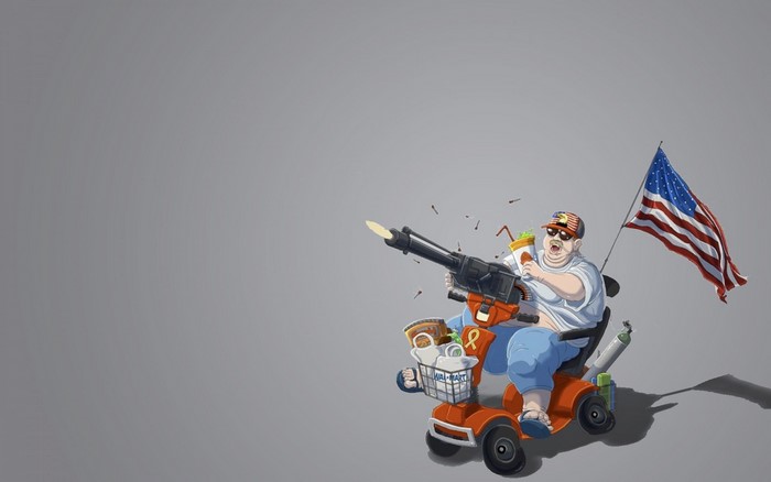 Man with gun on mobility scooter with American flag