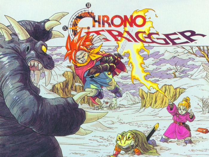 Chrono Trigger: Crono fights a monster with Frog and Lucca