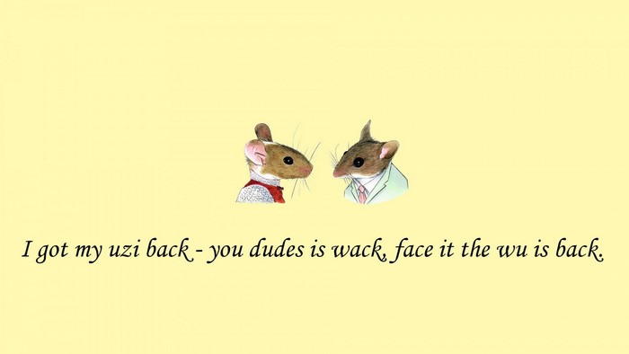 Two mice in suits with a quote about Wu-Tang Clan