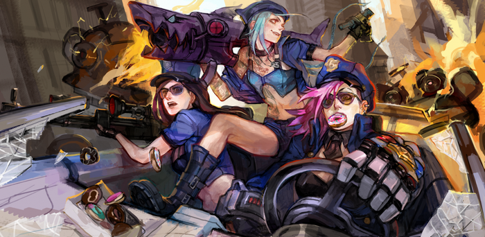 Jinx, Vi, and Caitlyn from League of Legends in a chaotic scene