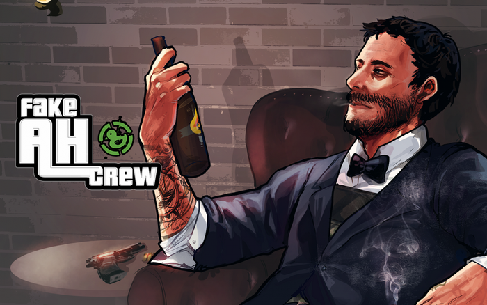 Fake AH Crew logo with man holding bottle