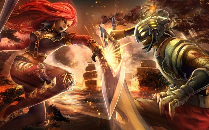 Katarina and Master Yi from League of Legends fighting