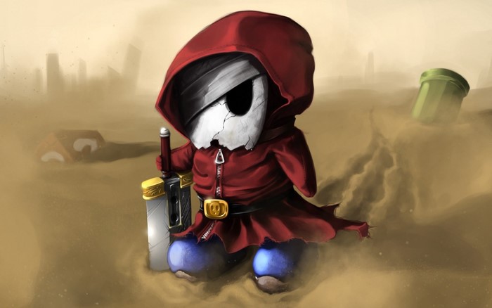 Shy Guy from Nintendo holding a Buster Sword in a desert