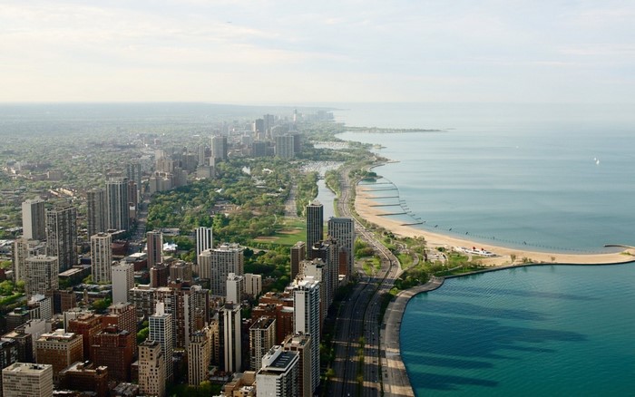 Aerial view of Chicago skyline and Lake Michigan