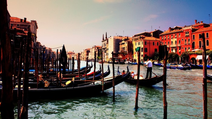 Gondolas on a canal in Venice