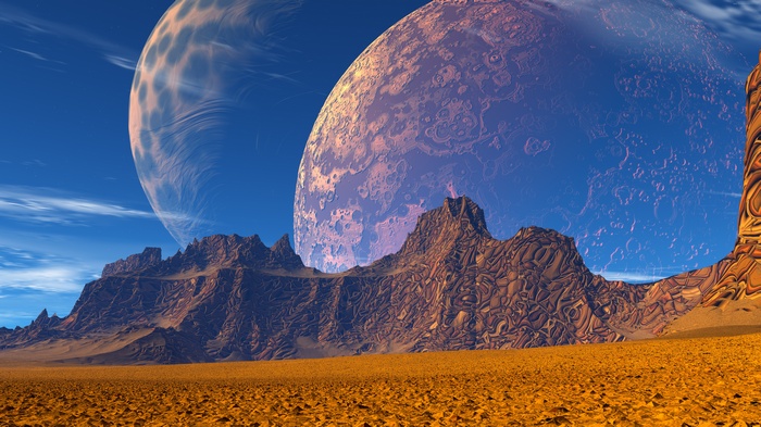 Alien landscape with two large planets in the sky