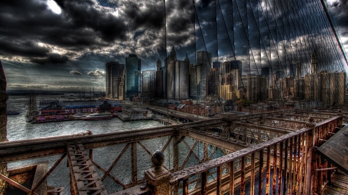 New York City skyline viewed from Brooklyn Bridge