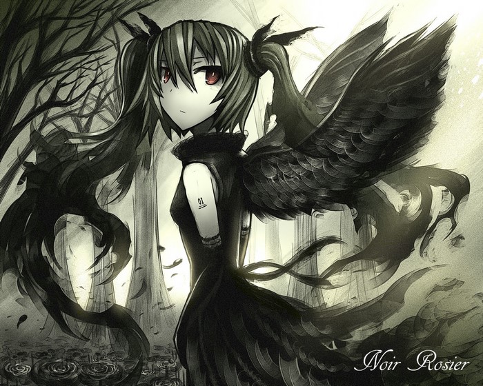Anime girl with black wings and red eyes