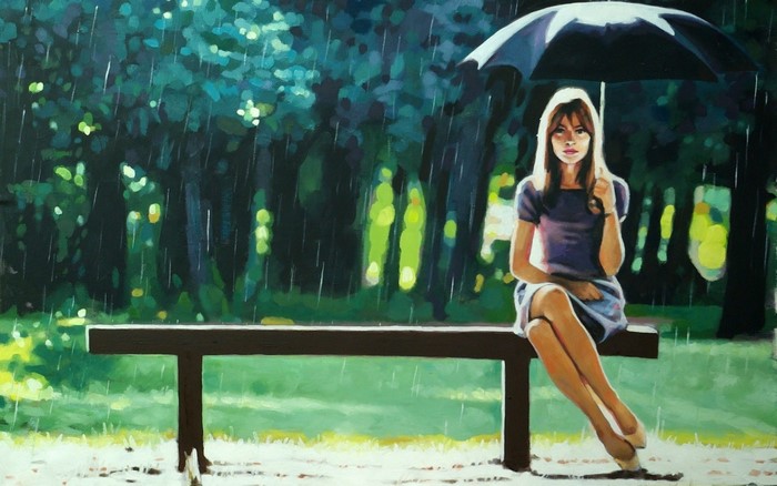 Woman with umbrella sitting on a bench in the rain