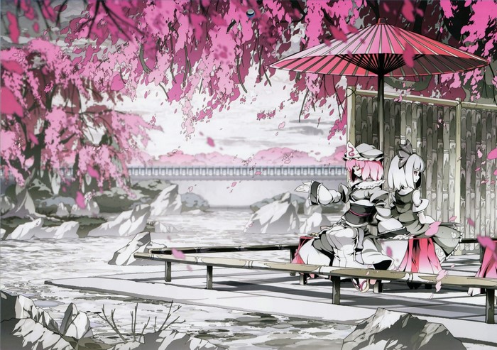 Saigyouji Yuyuko and Konpaku Youmu from Touhou under cherry blossoms