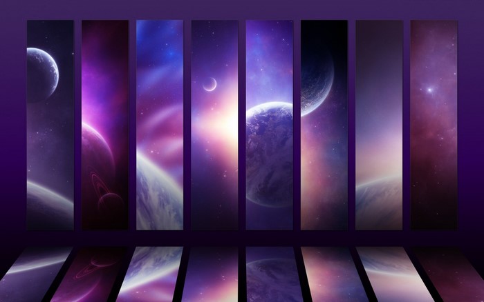 Digital art of planets and nebulae in purple and blue hues