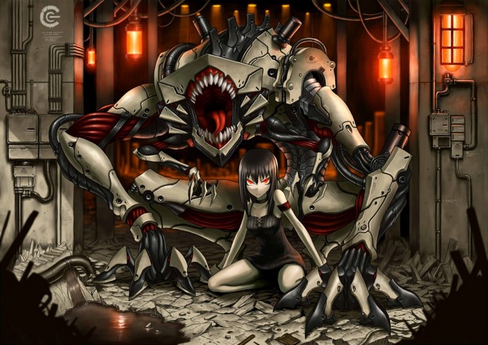 Girl with a large mechanical monster