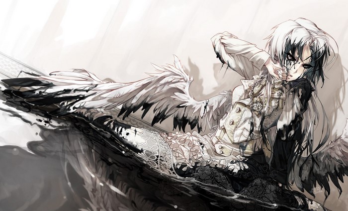 Anime character with black and white wings