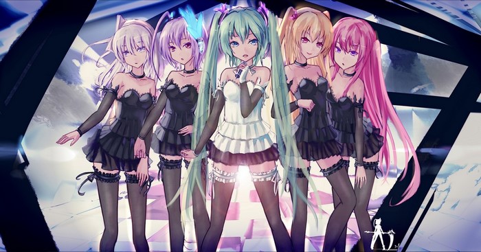 Vocaloid girls in black dresses and thigh highs