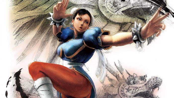 Chun Li from Street Fighter with dragon background