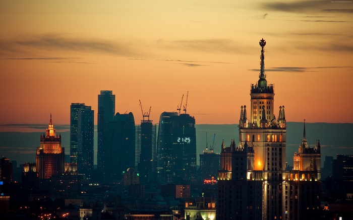 Moscow skyline at sunset with skyscrapers