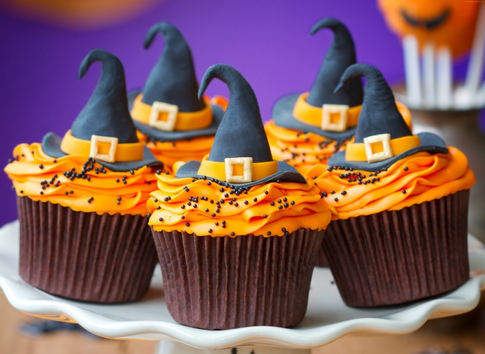 Halloween Witch Hat Cupcakes with Orange Frosting