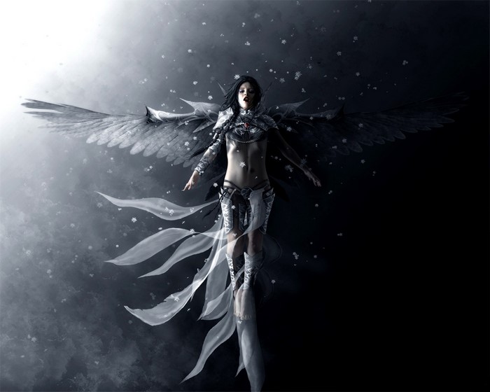 Fantasy angel with dark wings and white ribbons