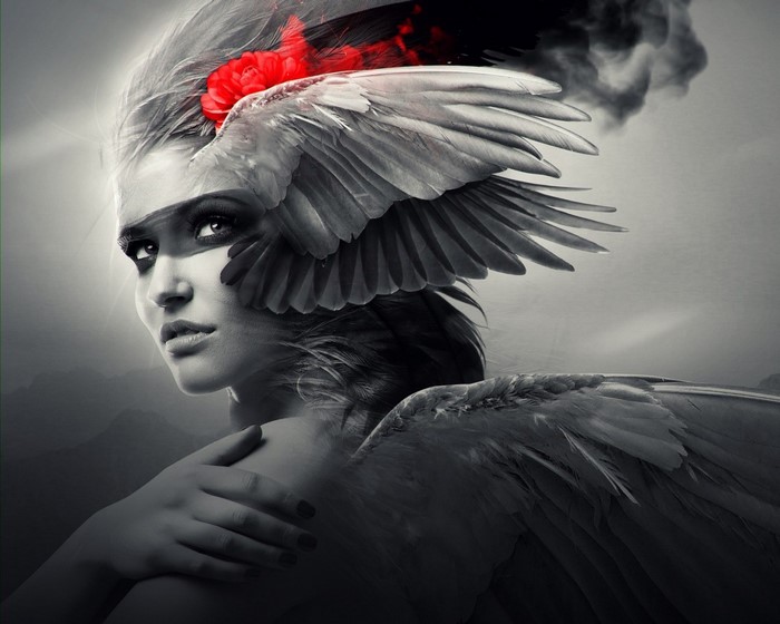 Woman with bird wings and red flower