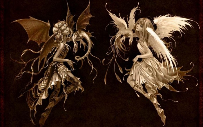 Fairy with dragon and angel with phoenix