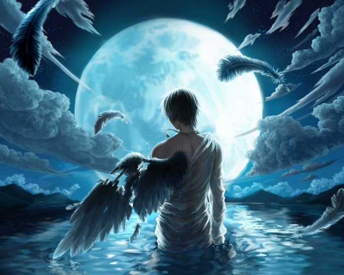 Angel with black wings in water under the moon