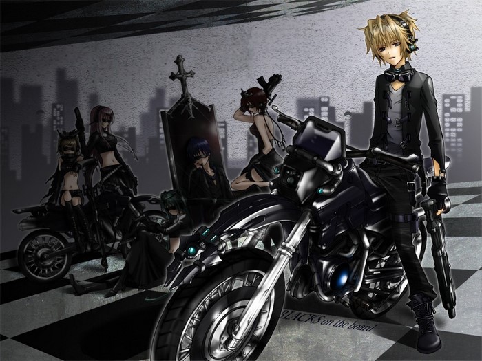 Anime characters with motorcycles and guns