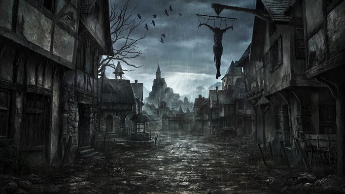 Gallows in a dark medieval town during a rainstorm
