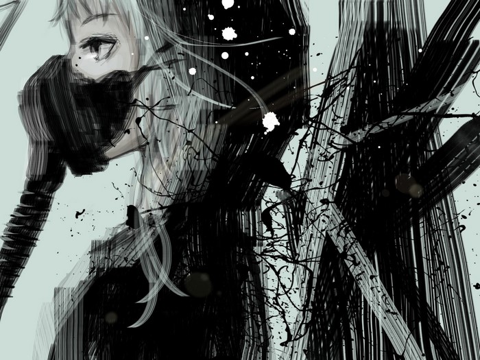 Anime girl with mask and black abstract elements