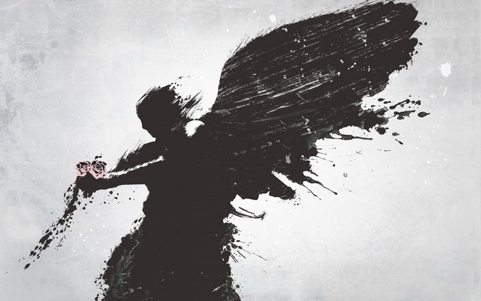 Black ink angel with pink roses
