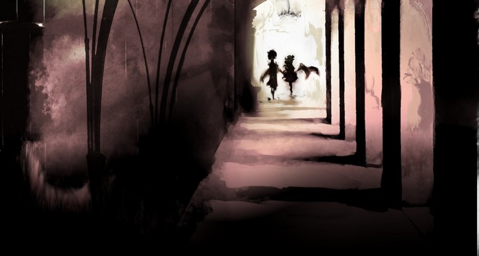 Two figures walk down a sunlit corridor