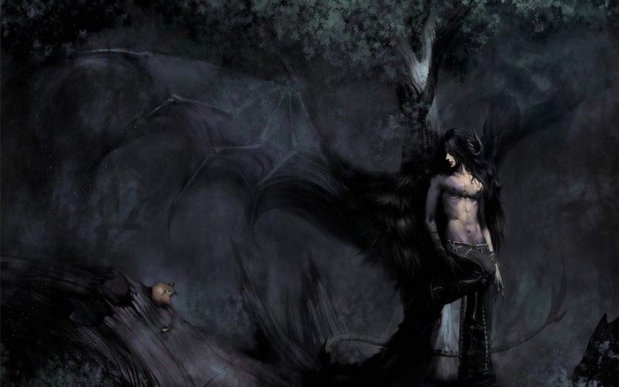 Dark fantasy character with wings in a forest