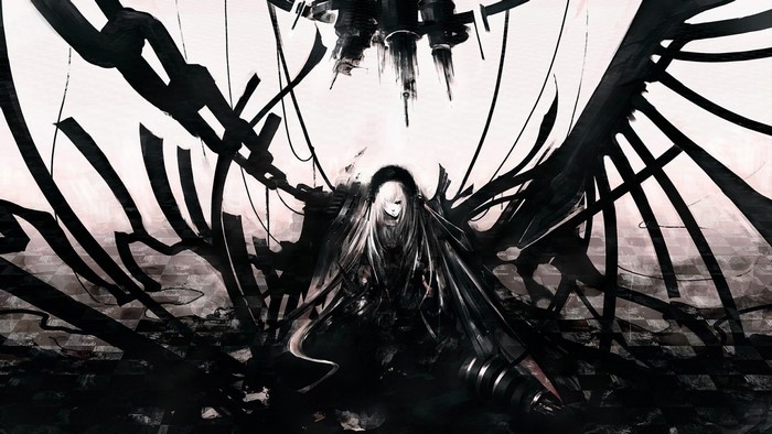 Anime girl with black wings and mechanical elements
