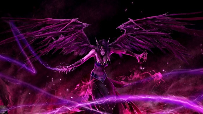 Morgana from League of Legends with purple wings and magic