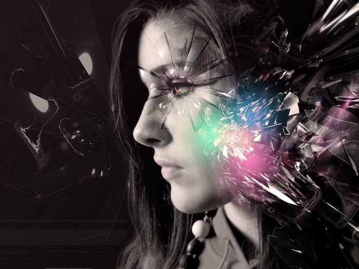 Abstract digital art of a woman's profile with shattered effects
