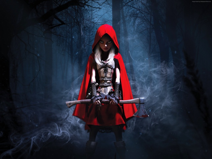 Red Hood with Axe in Dark Forest