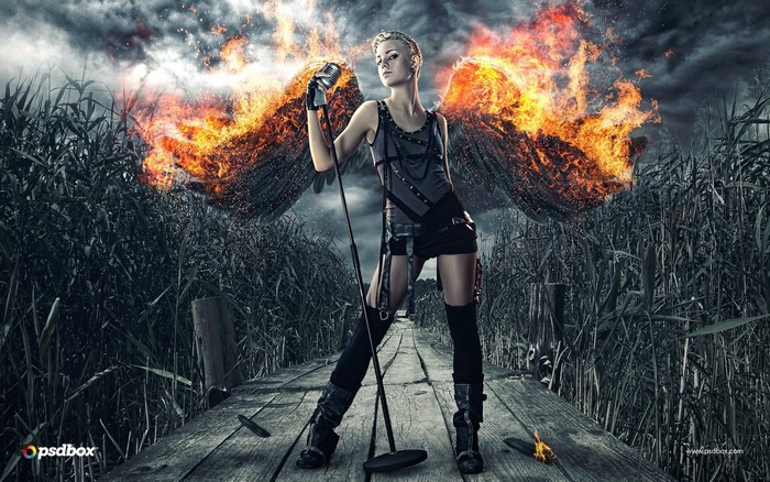 Woman with fiery wings holding a microphone