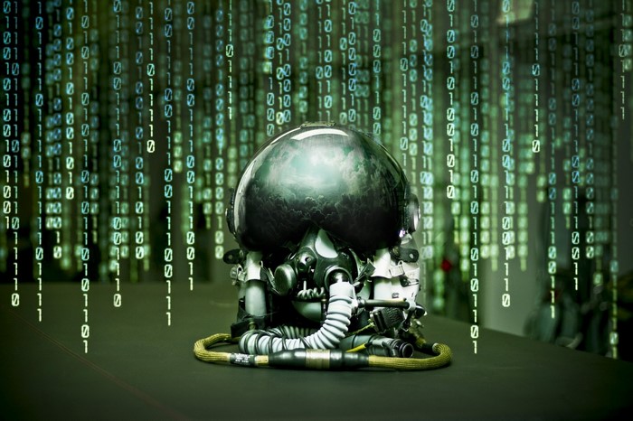 Sci-fi helmet with digital rain