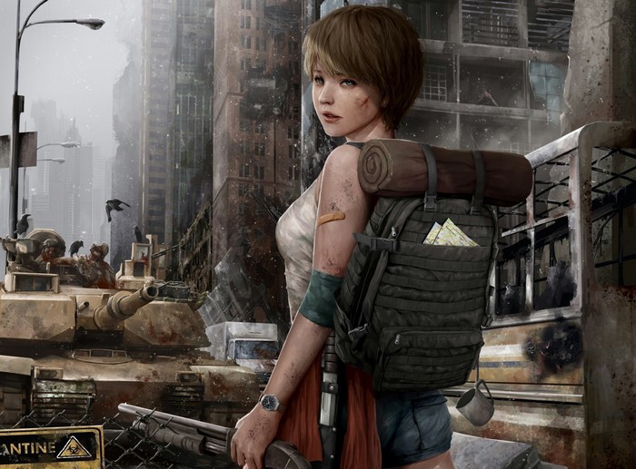 Apocalyptic soldier with backpack and shotgun in ruined city