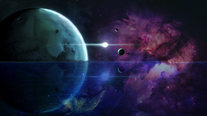 Digital art of a planet and nebula in space