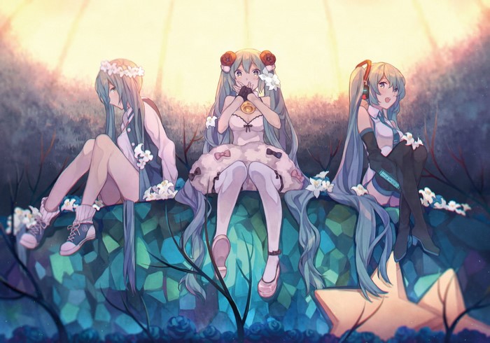 Hatsune Miku and friends sitting on a crystal formation