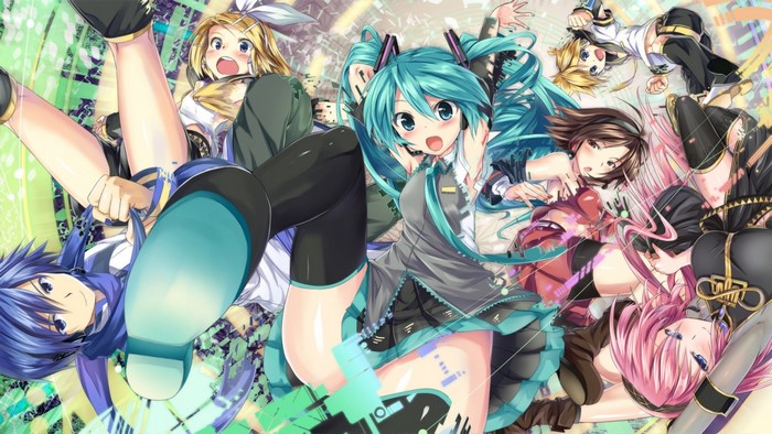 Vocaloid characters Hatsune Miku, Kagamine Rin, Kagamine Len, Megurine Luka