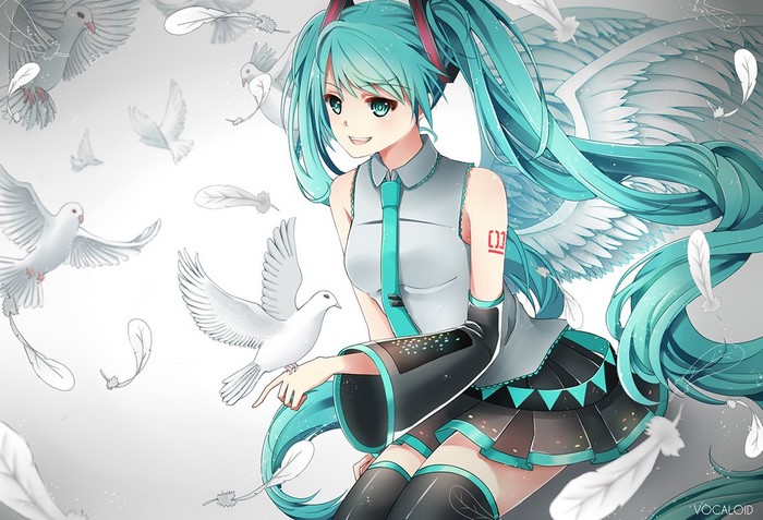 Hatsune Miku with white doves and feathers