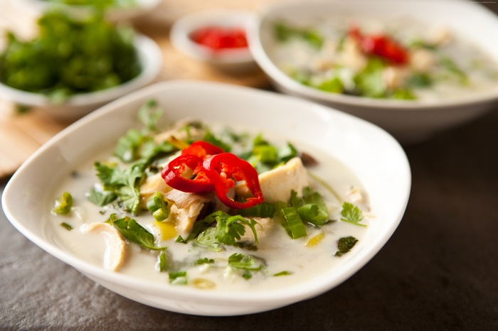 Thai coconut chicken soup with chili and cilantro