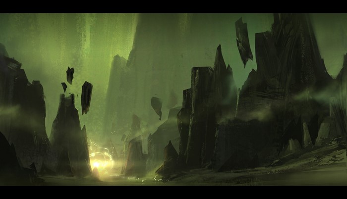Fantasy landscape with floating rocks and glowing portal