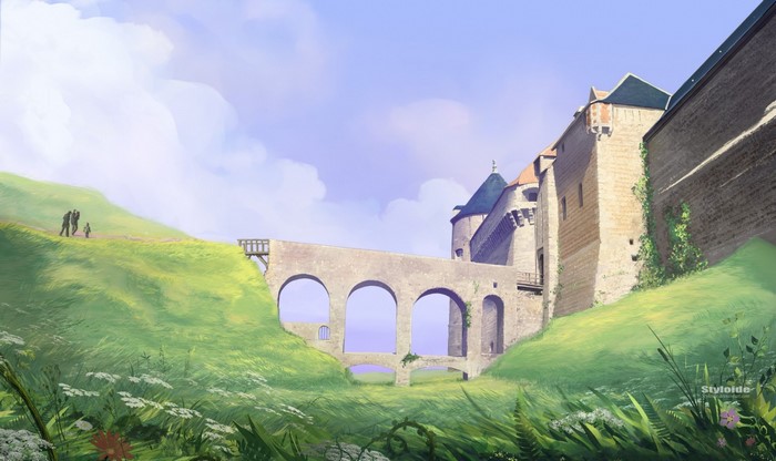 Castle with arched bridge and people on a grassy hill
